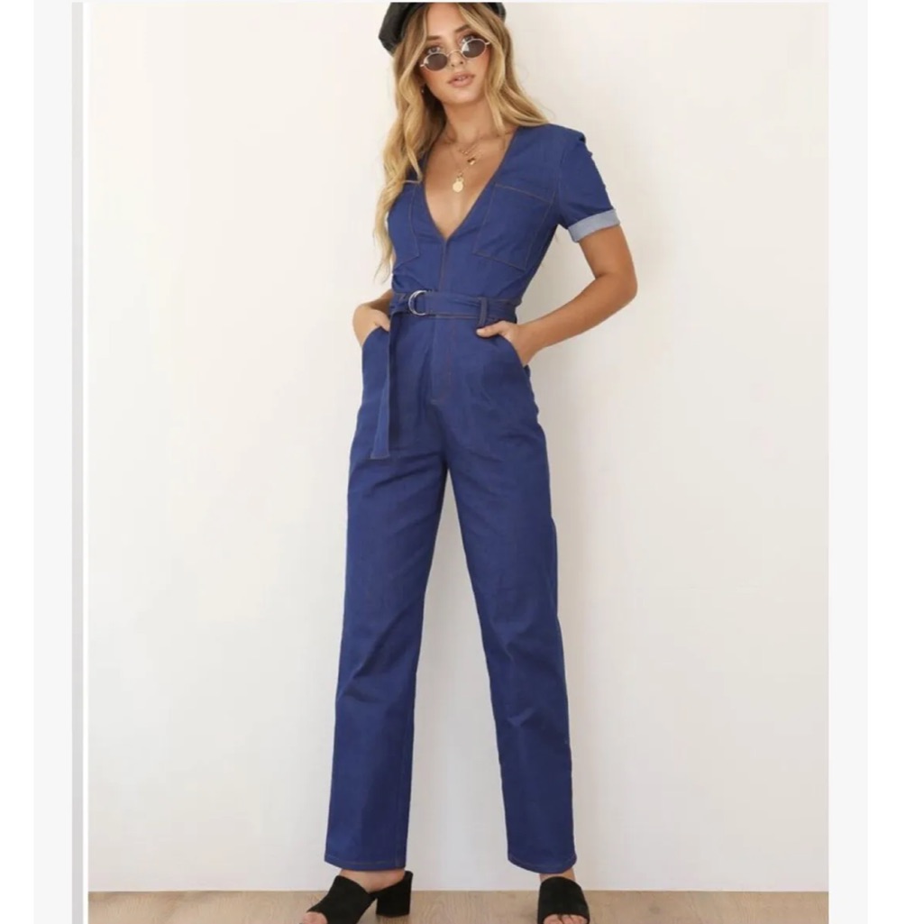 Tiger Mist Sz M Phillipa Nwots Denim Belted Jumpsuit